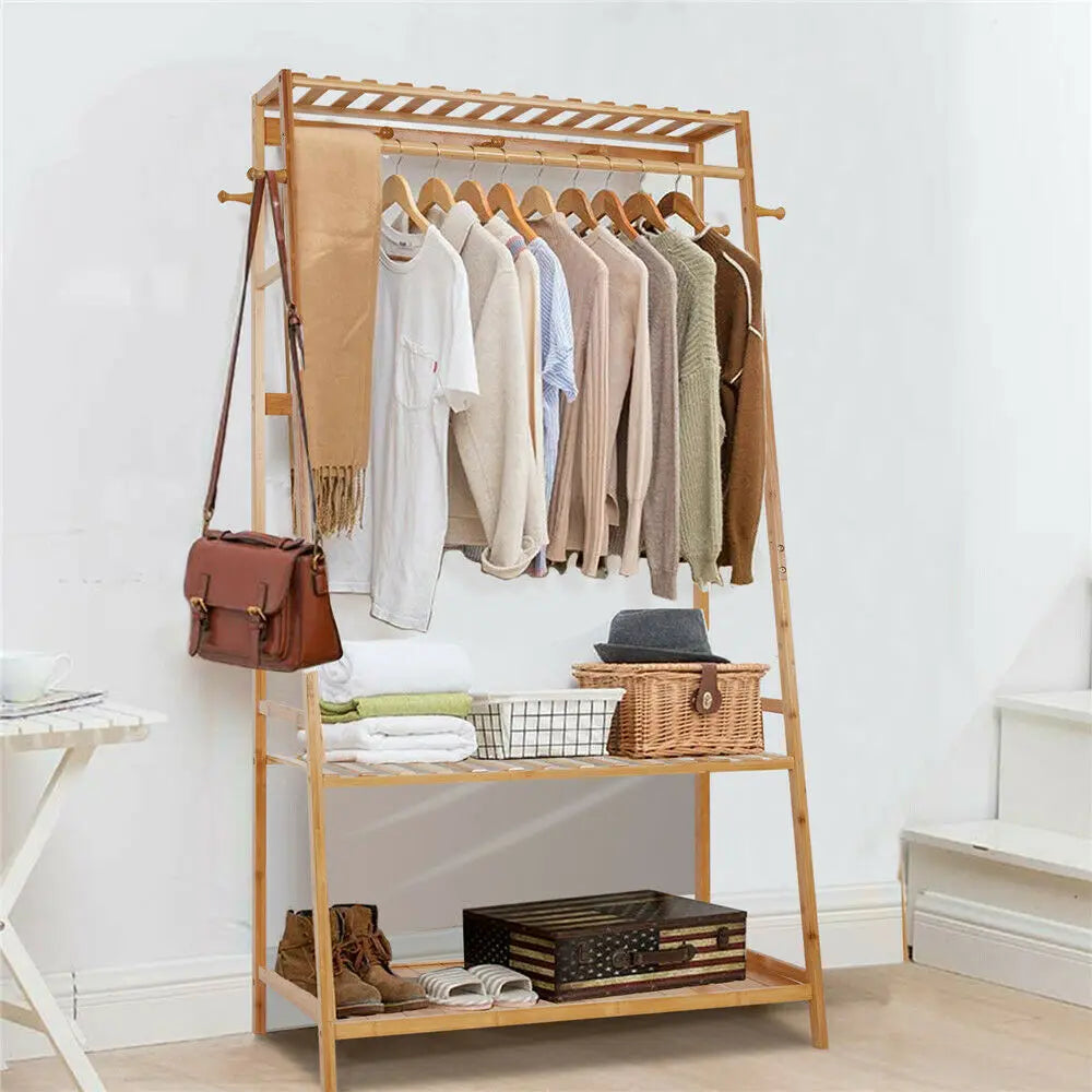 Bamboo Garment Coat Clothes Hanging Heavy Duty Rack with top shelf and 2-tier Storage Organizer Shelves