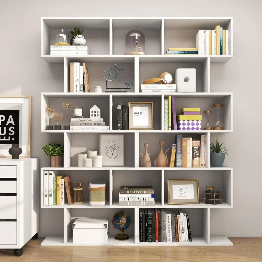 6-Tier Geometric Bookcase, Storage Display Bookshelf for Living Room,Anti-Toppling Device,Wooden 6 Shelf Open Bookcase